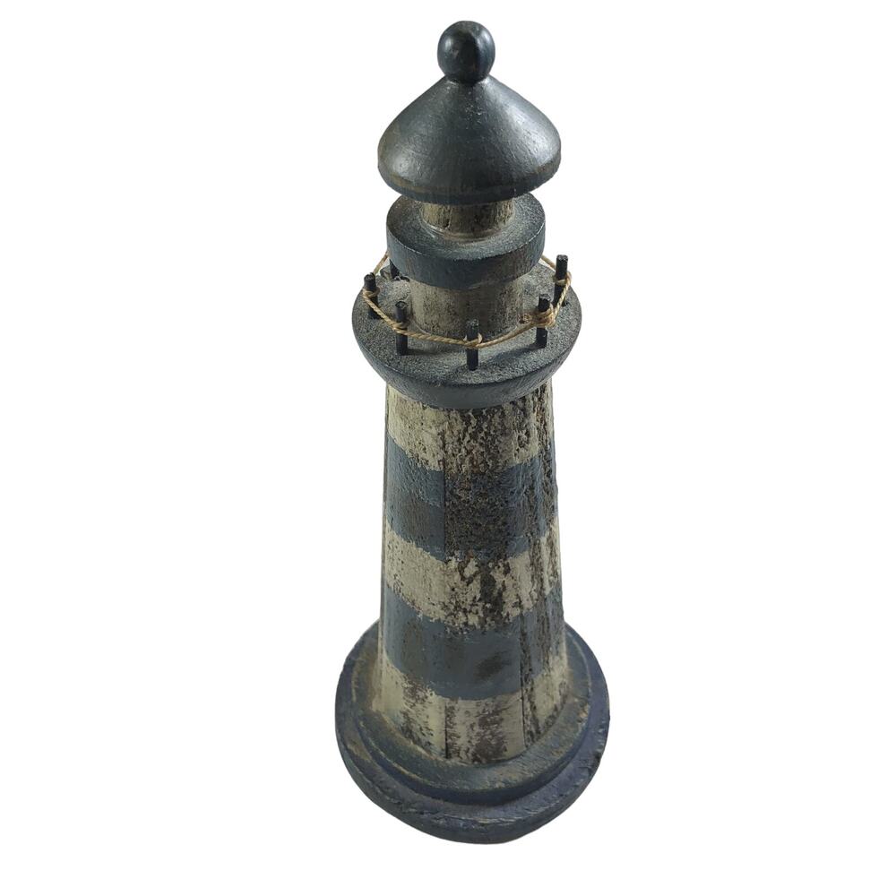 Vintage Blue and White Striped Wooden Lighthouse – 7.5" Nautical Decor - vn